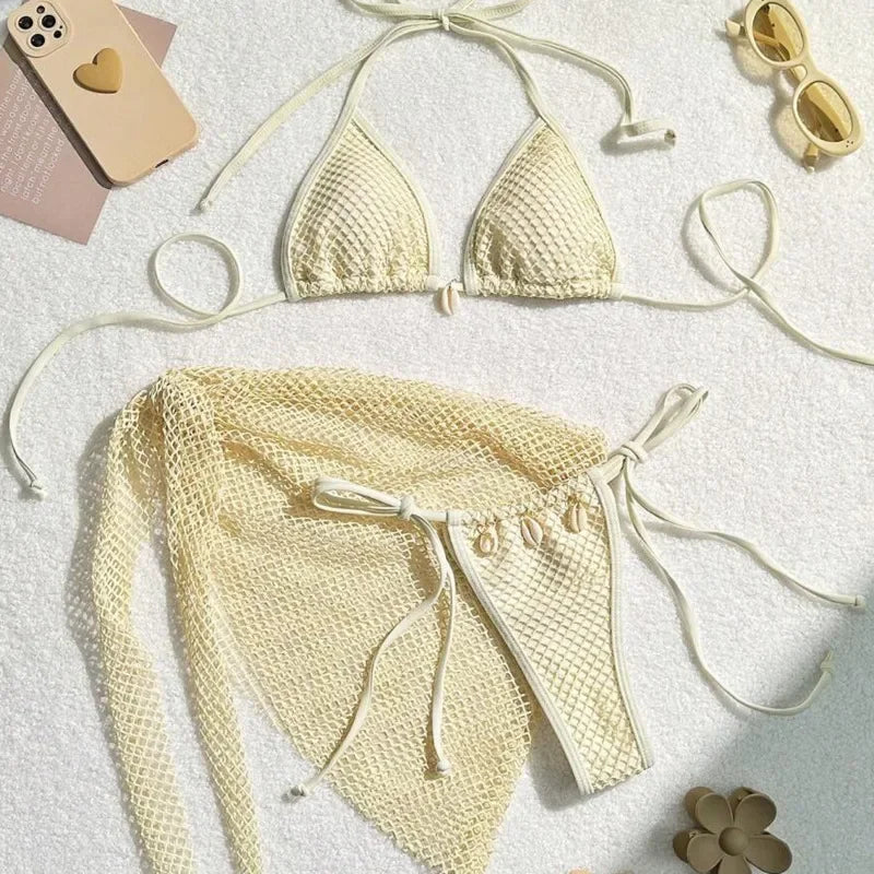 Sexy 3-teiliges Brazilian Bikini Set – Damen Push-Up Badeanzug mit Strandrock & Low-Waist Slip
